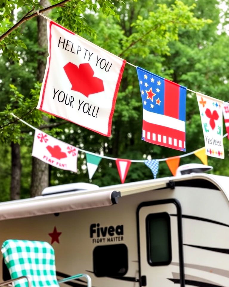 cheerful decorative flags - 30 Rv Campsite Decorating Ideas