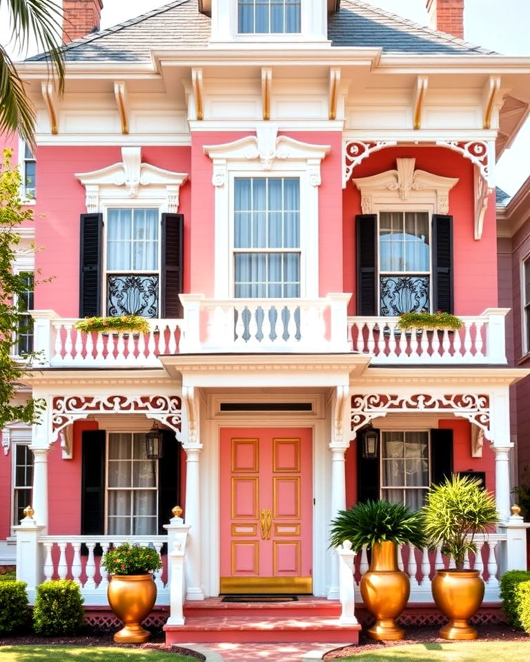 cheerful peachy pink home with white and gold accents - 25 Pink Victorian House Ideas