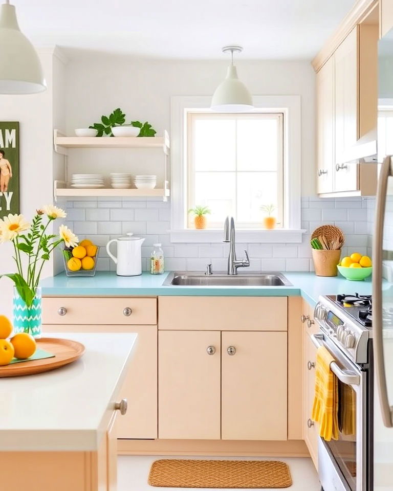 cheerful sky blue laminate countertops and white backsplash - 20 Kitchens With Blue Countertops
