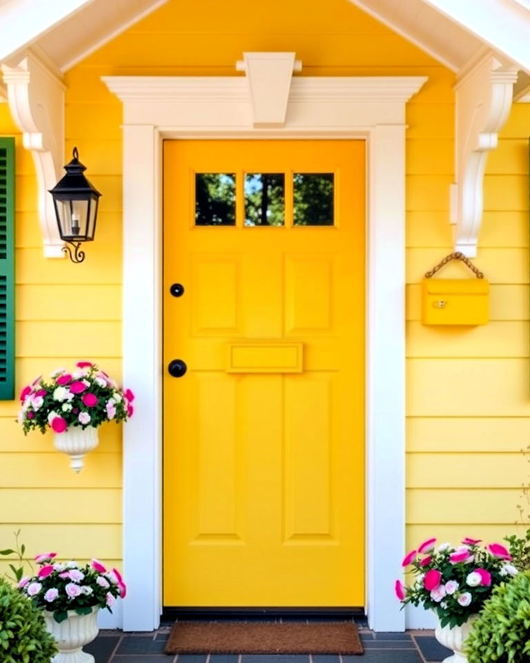 cheerful sunny yellow door with white trim - 25 Cottage Front Door Ideas