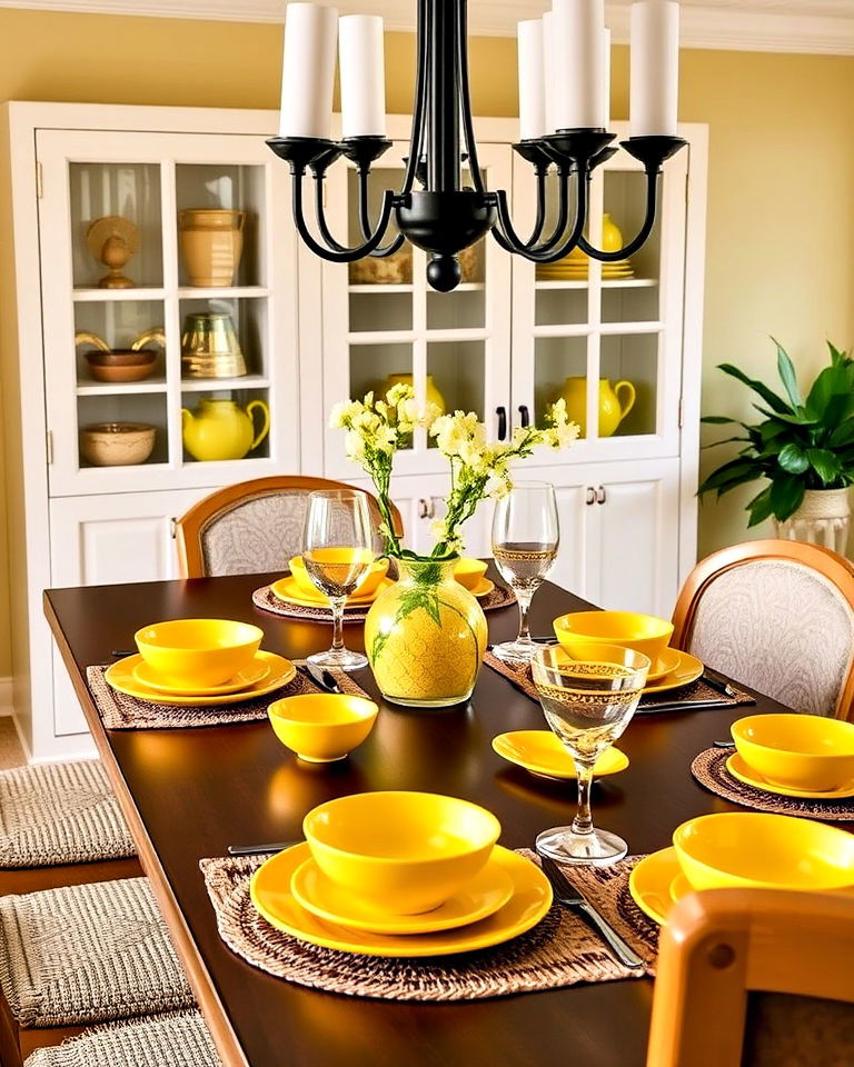 cheerful yellow tableware - 20 Yellow Dining Room Ideas