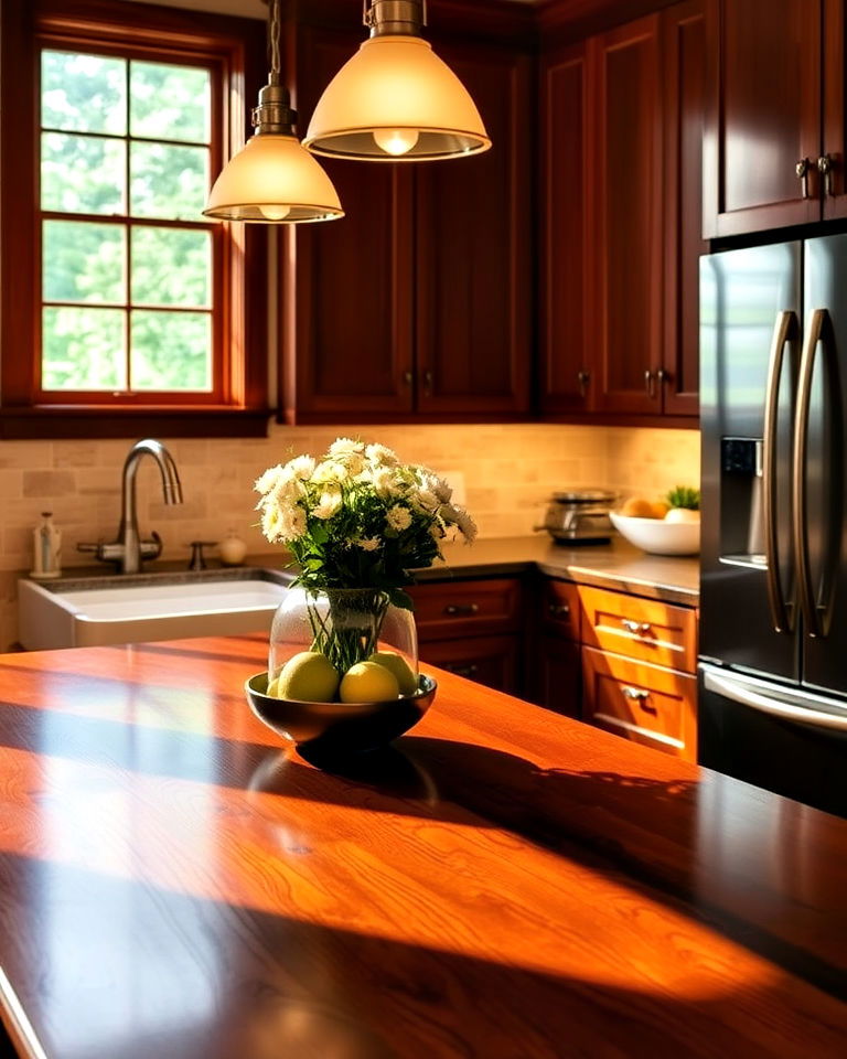 cherry wood surfaces enhance kitchen lighting - 15 Natural Cherry Kitchen Cabinets