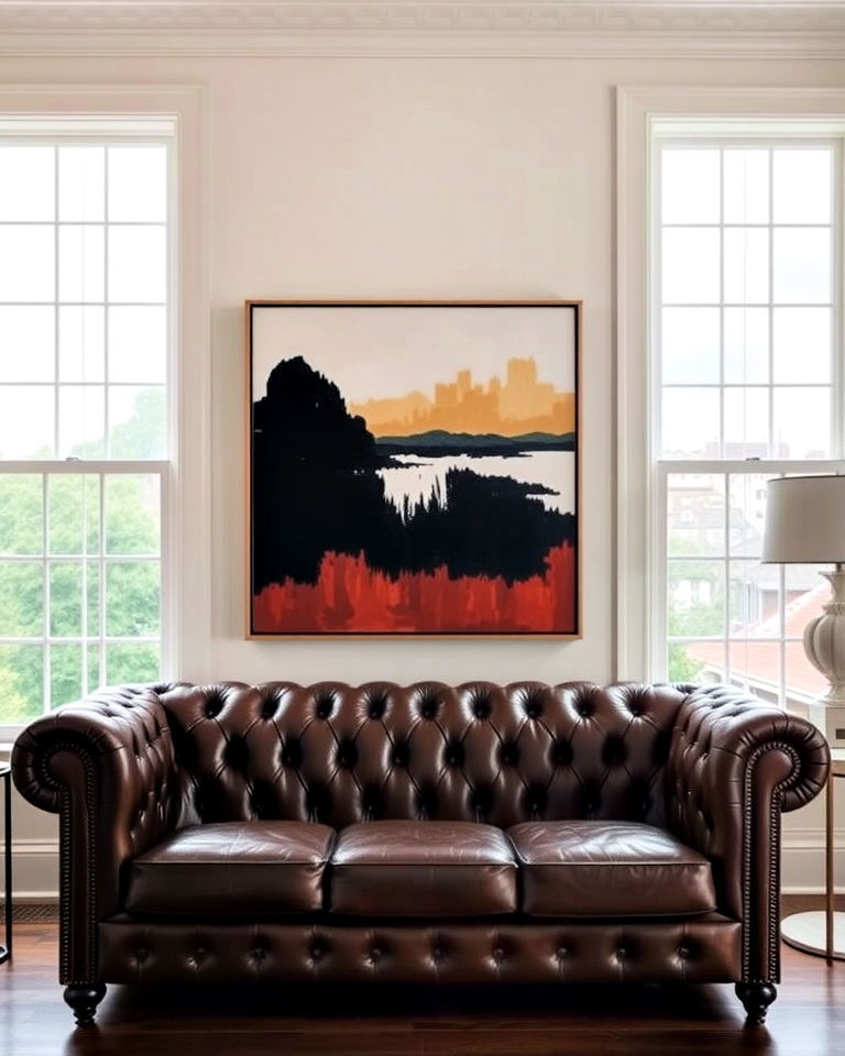chesterfield sofa in front of the window with statement art - 20 Couch in Front of Window Ideas