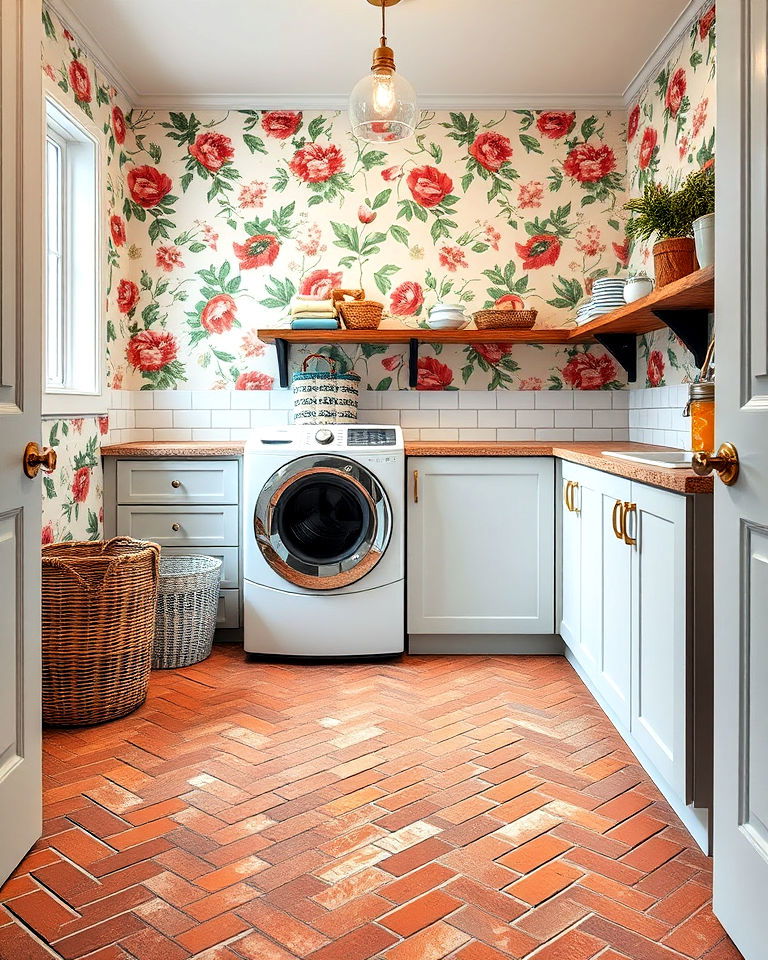 chevron brick flooring for laundry room - 15 Brick Floor Laundry Room Ideas