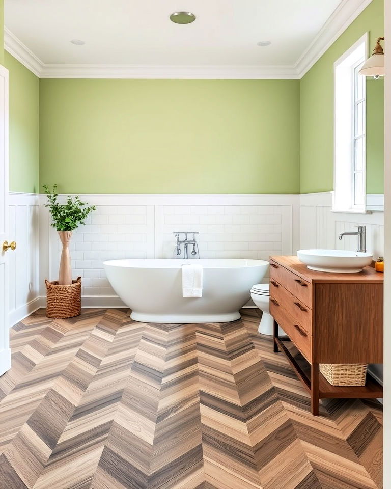 chevron wood floor for bathroom - 25 Ideas for Wood Floors in Bathrooms