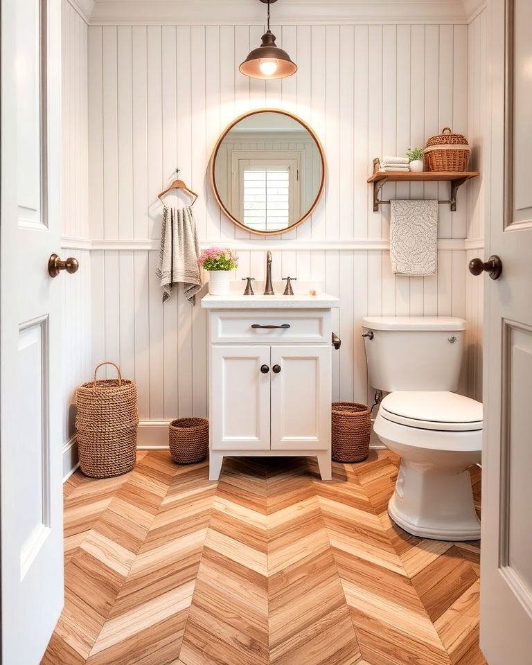 chevron wood look tiles for powder room floor - 25 Powder Room Floor Tile Ideas