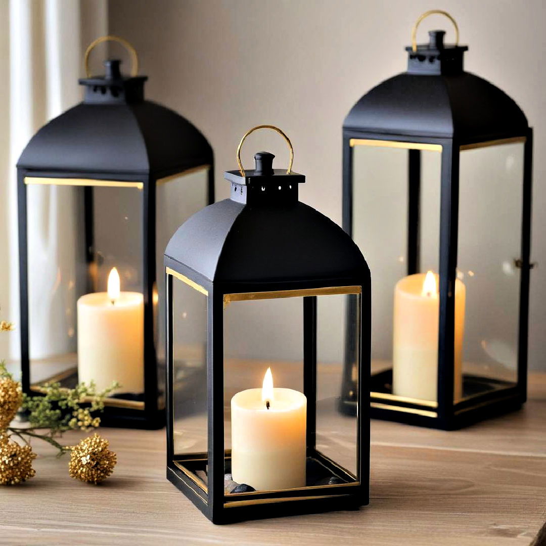 chic candle lanterns for centerpiece - 20 Black and Gold Centerpiece Ideas