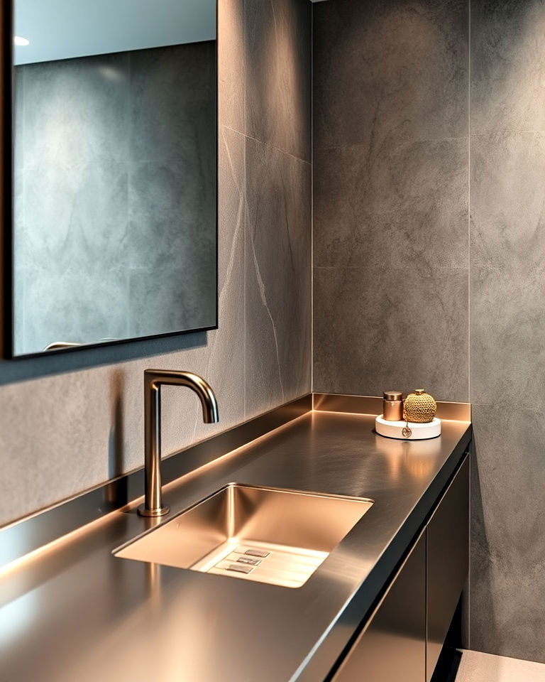 chic stainless steel countertop for industrial aesthetic - 20 Bathroom Countertop Ideas