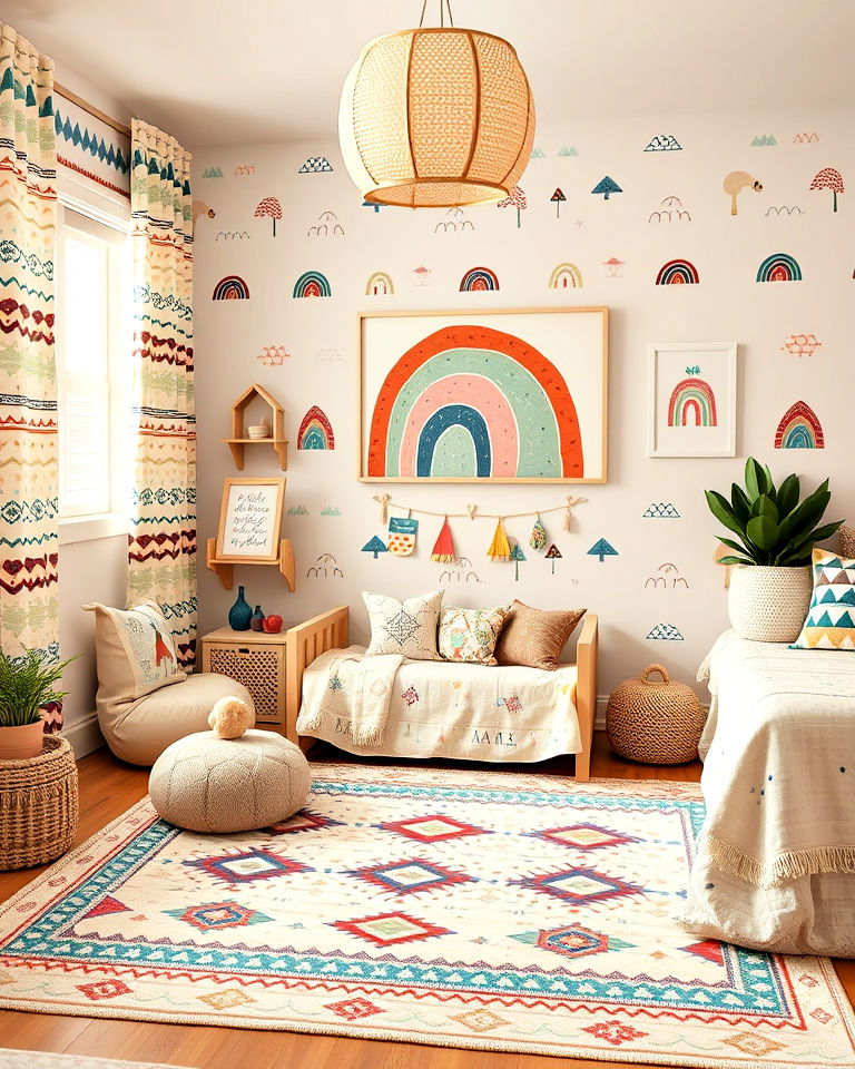 child friendly playful boho patterns - 20 Boho Toddler Room Ideas