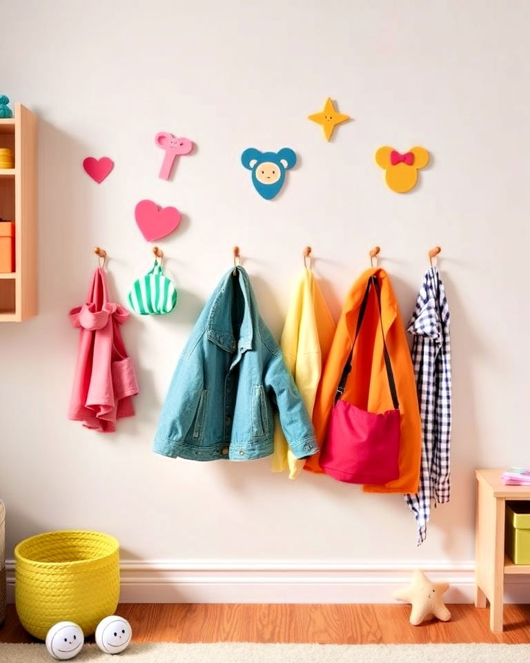 child height wall hooks - 40 Playroom Ideas