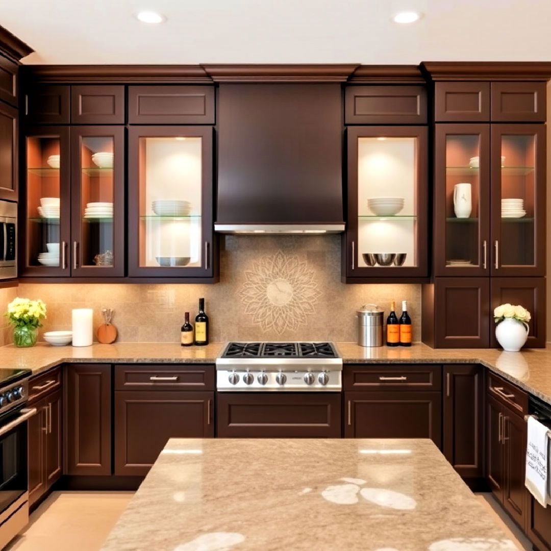 chocolate brown kitchen cabinets with glass inserts - 20 Brown Kitchen Ideas