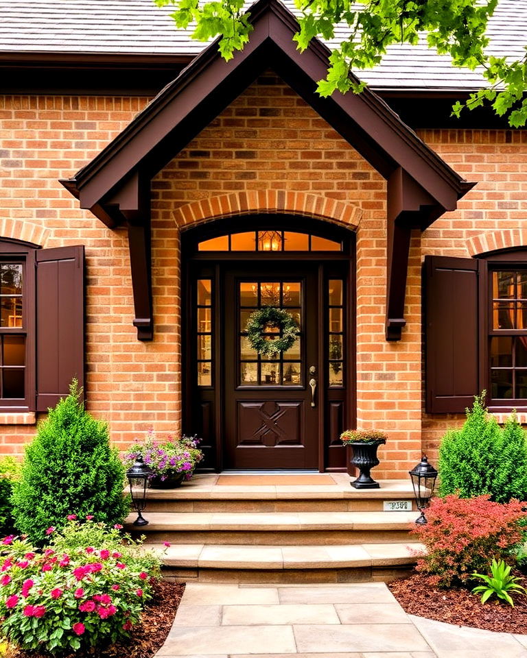 chocolate brown trim for tan brick exterior - 25 Tan Brick House Color Schemes