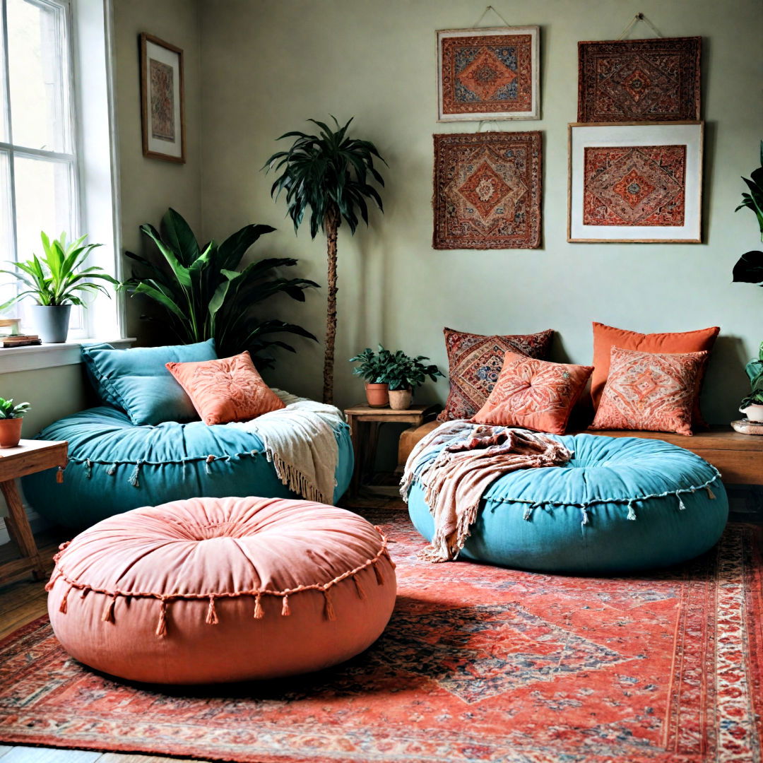choose floor poufs - 40 Boho Bedroom Ideas
