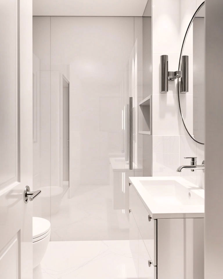choose reflective finishes for balanced look - 25 Small Ensuite Design Ideas