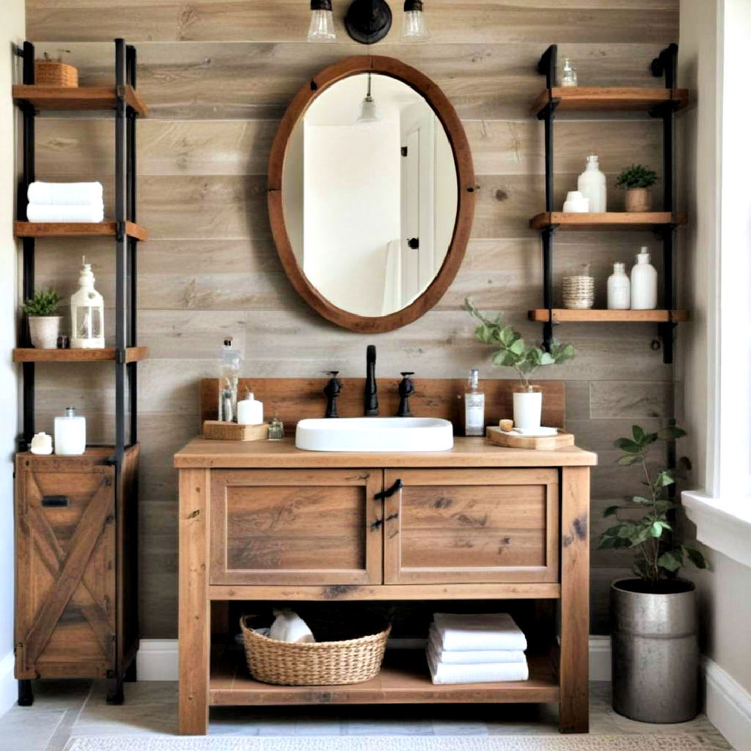 choose vintage wooden vanity - 40 Farmhouse Bathroom Ideas