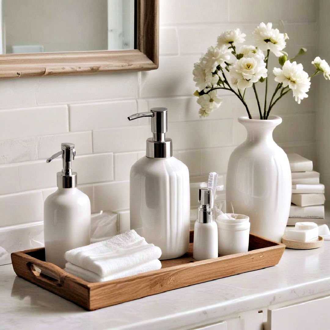 choose white porcelain accessories - 40 Farmhouse Bathroom Ideas