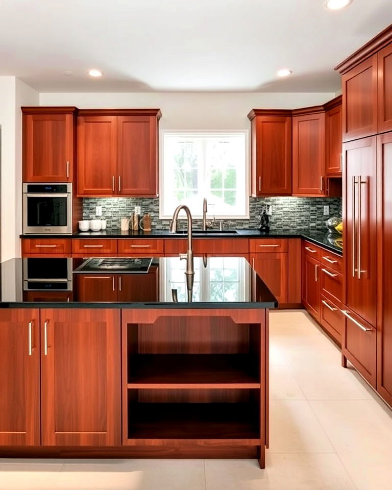 cinnamon brown cabinets and black glass countertops - 25 Brown Kitchen Cabinets With Black Countertops