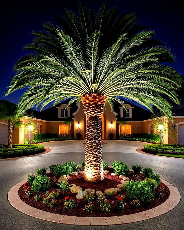 circular driveway with centerpiece palm - 30 Front Yard Palm Tree Landscape Design Ideas