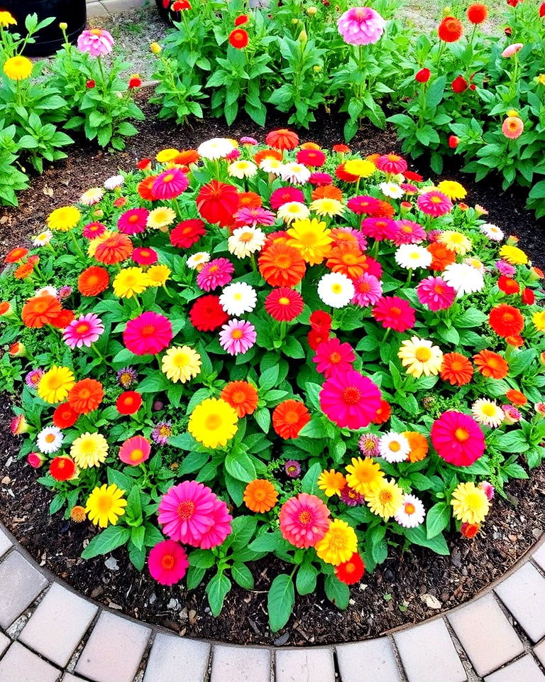 circular garden bed around zinnias - 25 Zinnia Garden Ideas