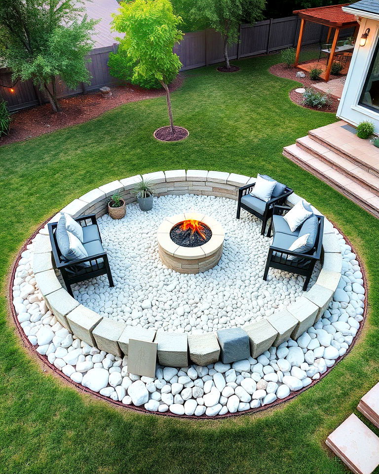 circular seating area with white rocks - 25 White Rock Landscaping Ideas
