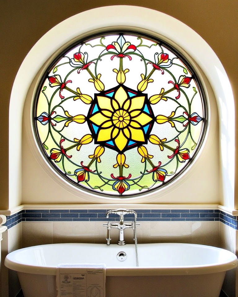 circular stained glass window above bathtub - 20 Stained Glass Bathtub Ideas