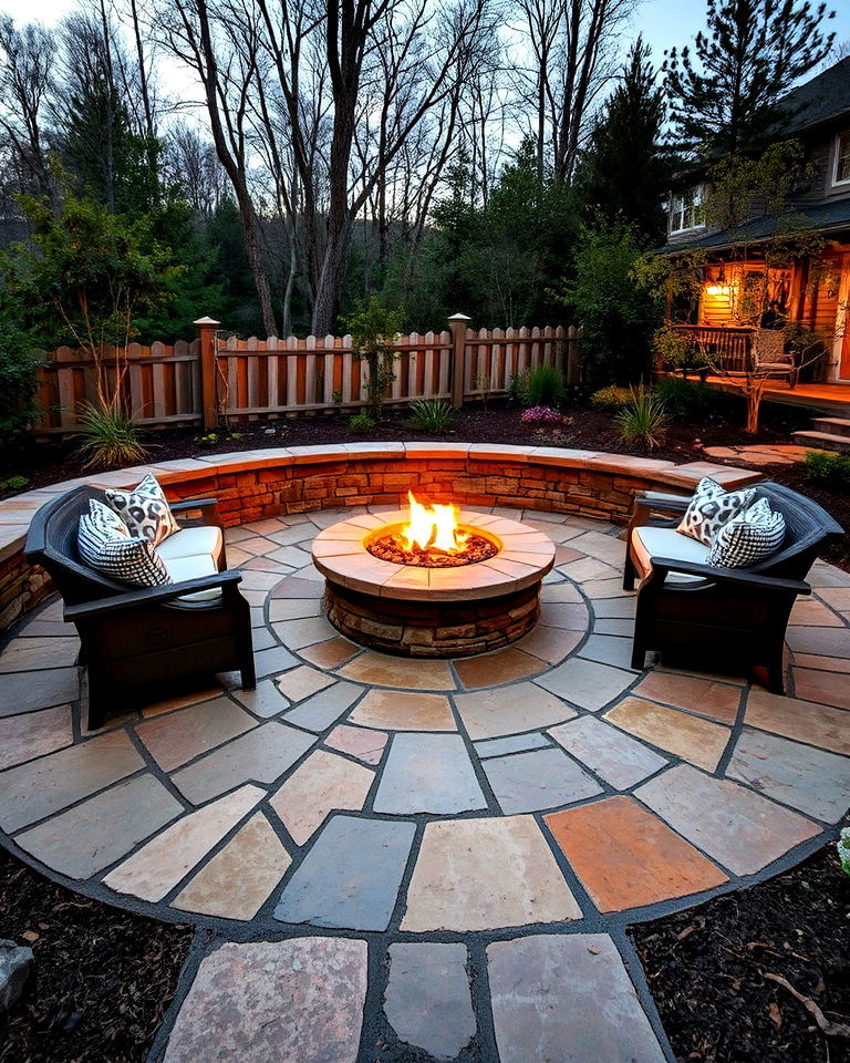 circular stone patio with fire pit - 25 Stone Patio With a Fire Pit Ideas