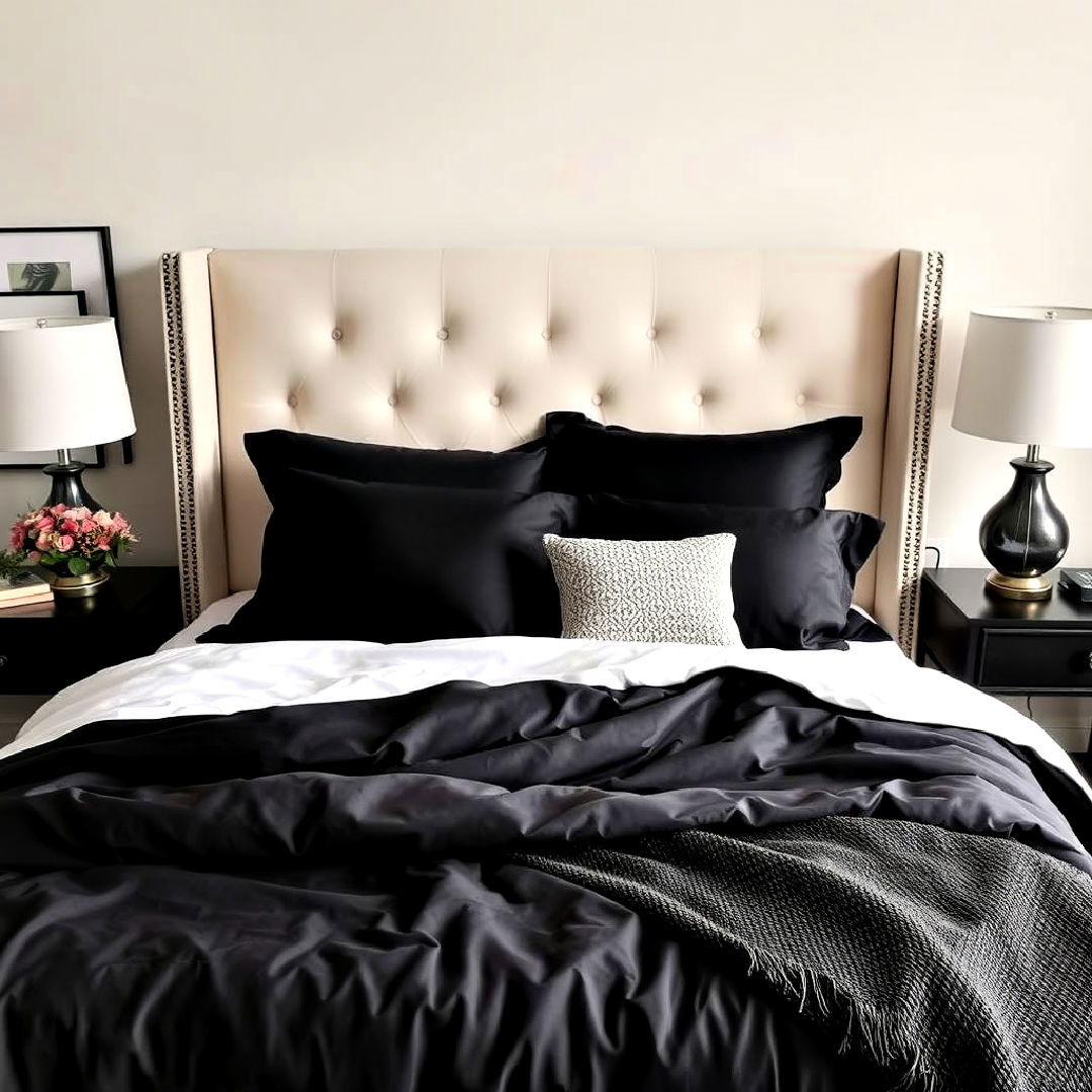 classic beige headboard with black bedding - 20 Black and Beige Bedroom Design Ideas