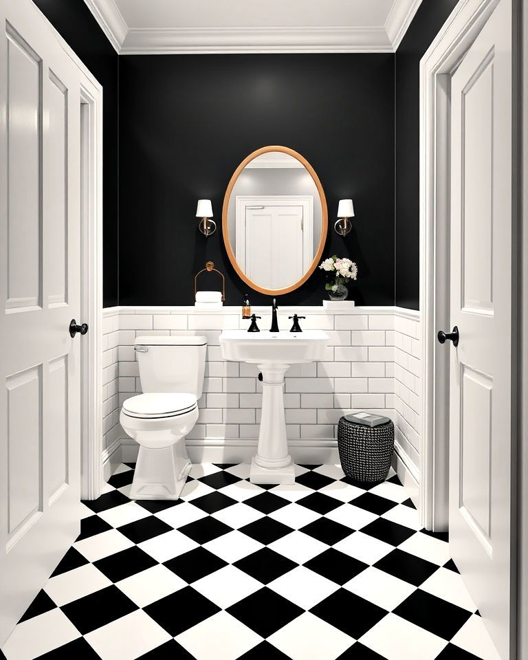classic black and white checkered tiles floor - 25 Powder Room Floor Tile Ideas