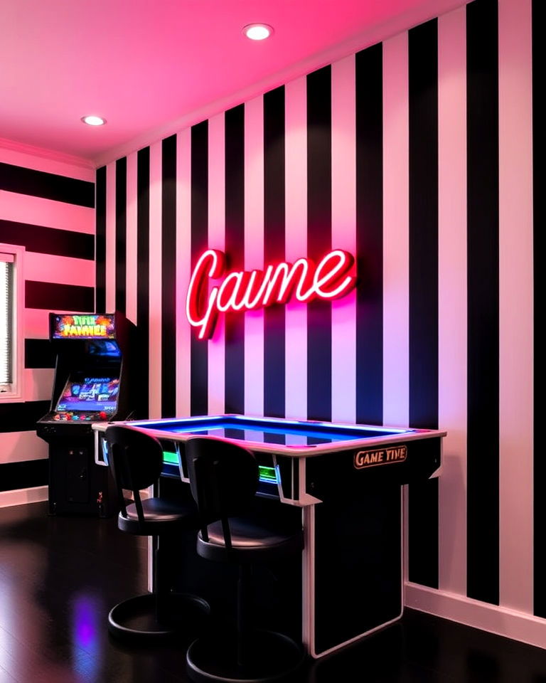 classic black and white stripes for timeless aesthetic - 20 Game Room Paint Ideas