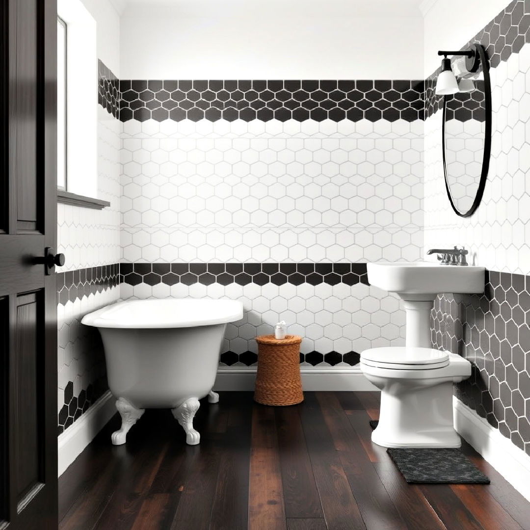 classic black and white tile with dark wood floor - 25 Dark Wood Floor Bathroom Ideas
