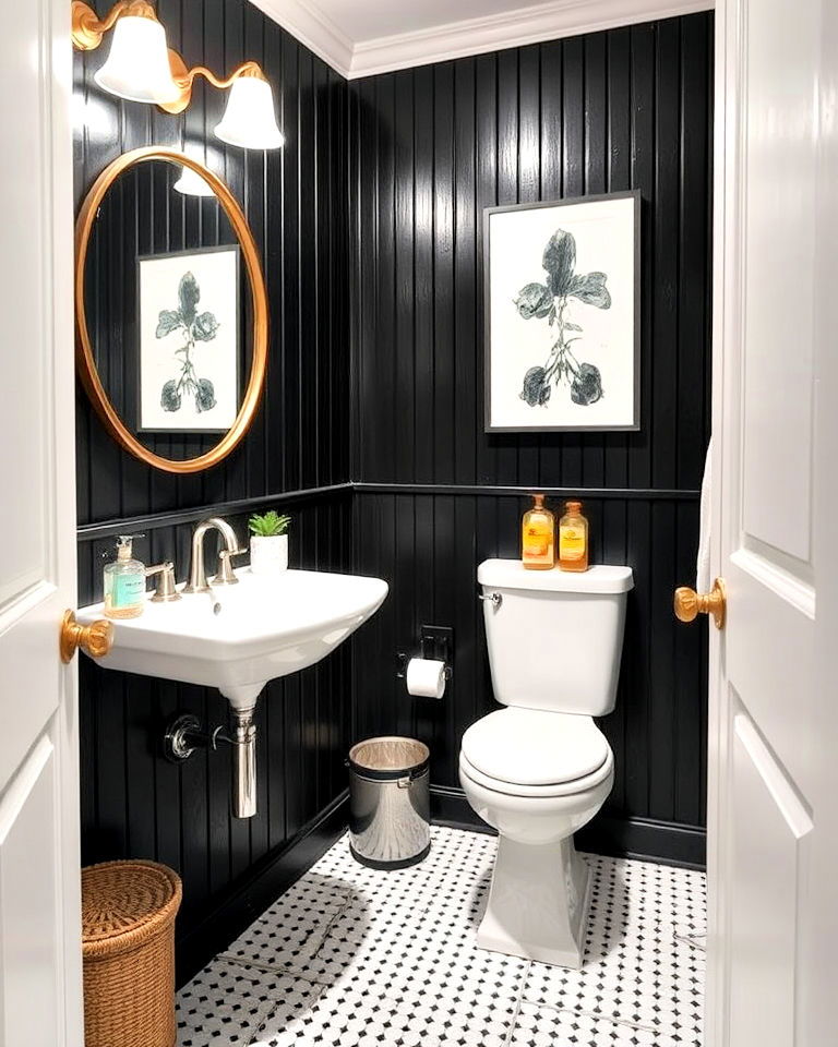 classic black beadboard paneling - 25 Black Powder Room Ideas
