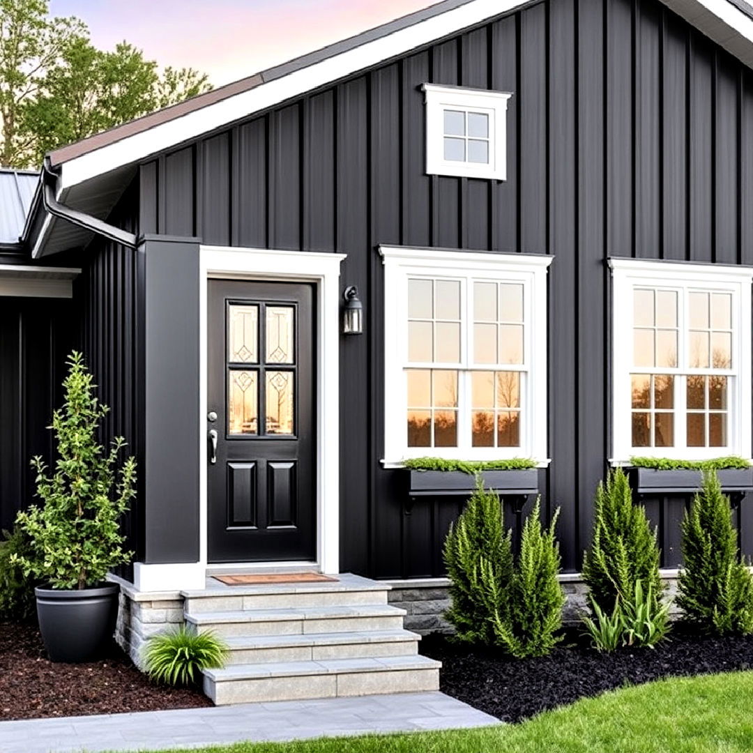 classic black board and batten siding - 40 Black Modern Farmhouse Exterior Design Ideas