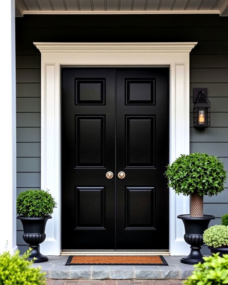 classic black door with white trim - 20 Colonial Front Door Ideas