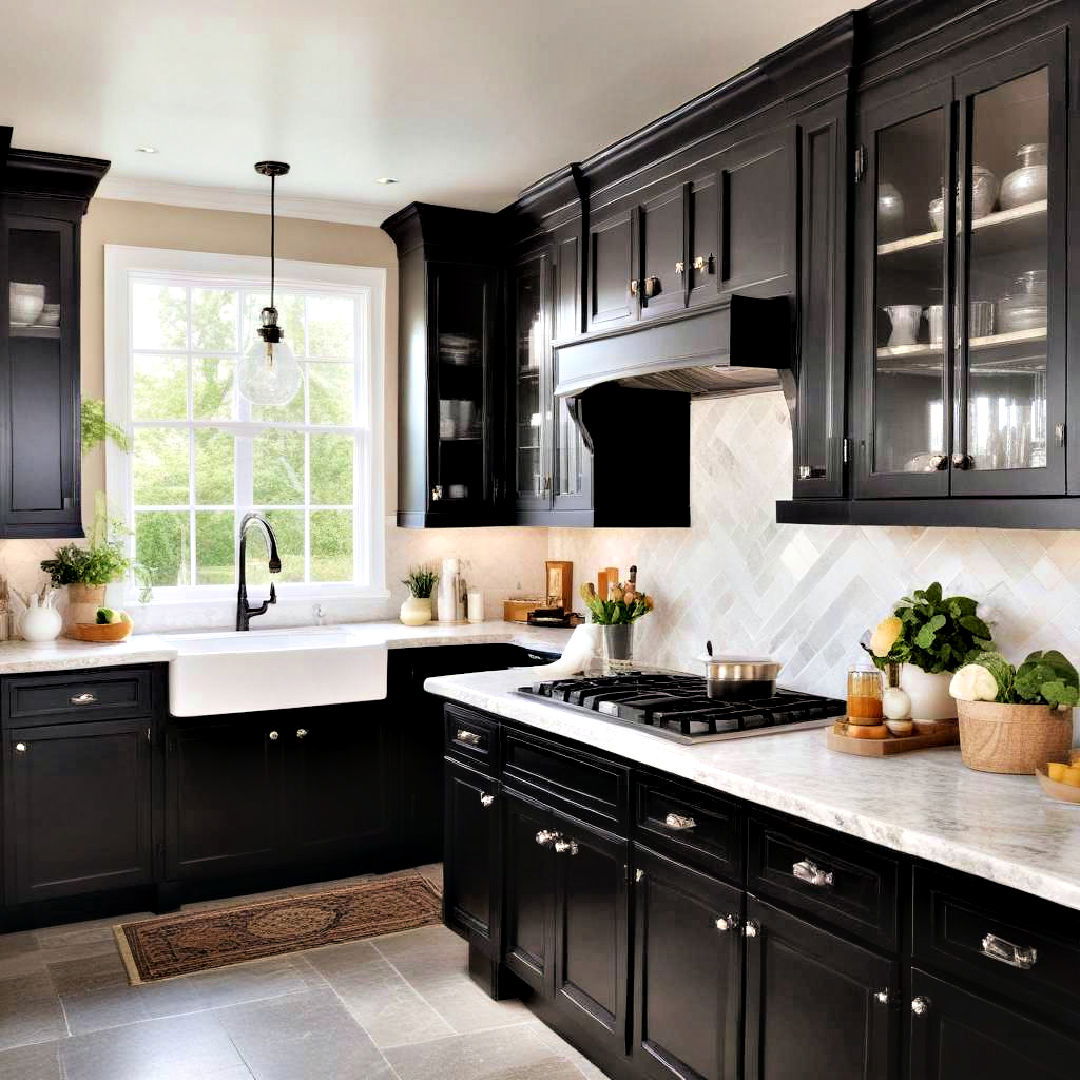 classic black painted cabinets with lighter countertops - 40 Painted Kitchen Cabinet Ideas