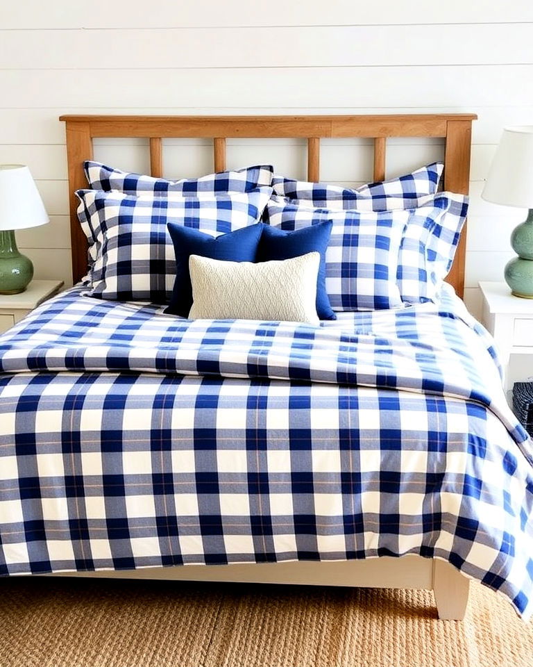 classic blue and white plaid bedding - 25 Blue and White Bedroom Ideas