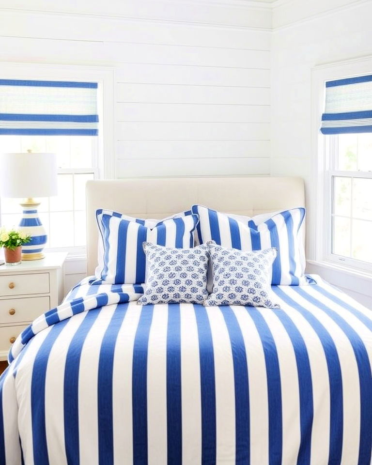 classic blue and white striped bedding - 25 Blue and White Bedroom Ideas
