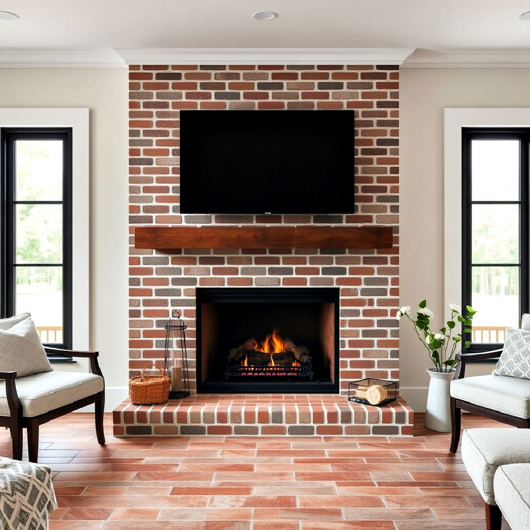 classic brick style porcelain tiles - 30 Farmhouse Fireplace Tile Ideas