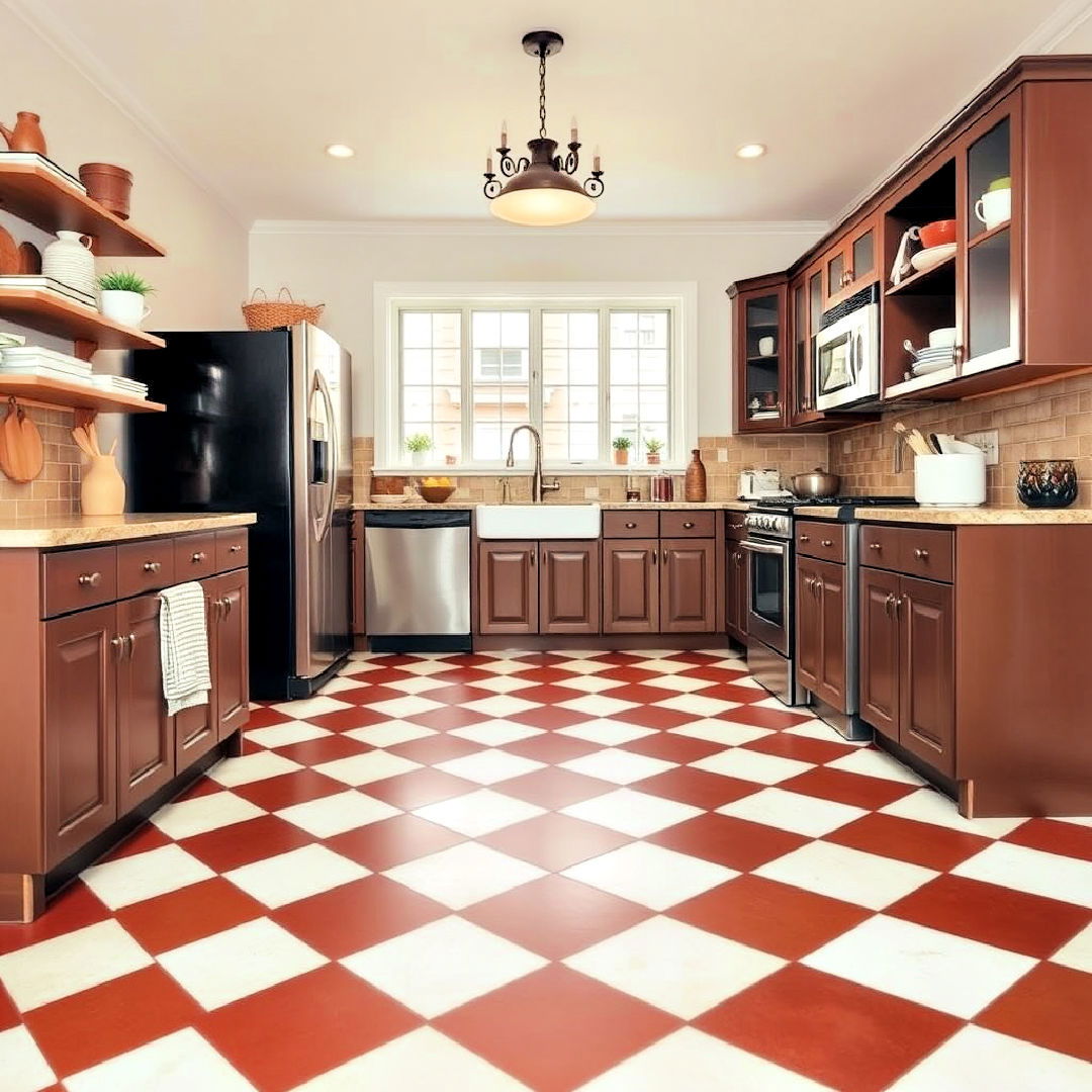 classic brown and white checkerboard flooring - 20 Brown Kitchen Ideas