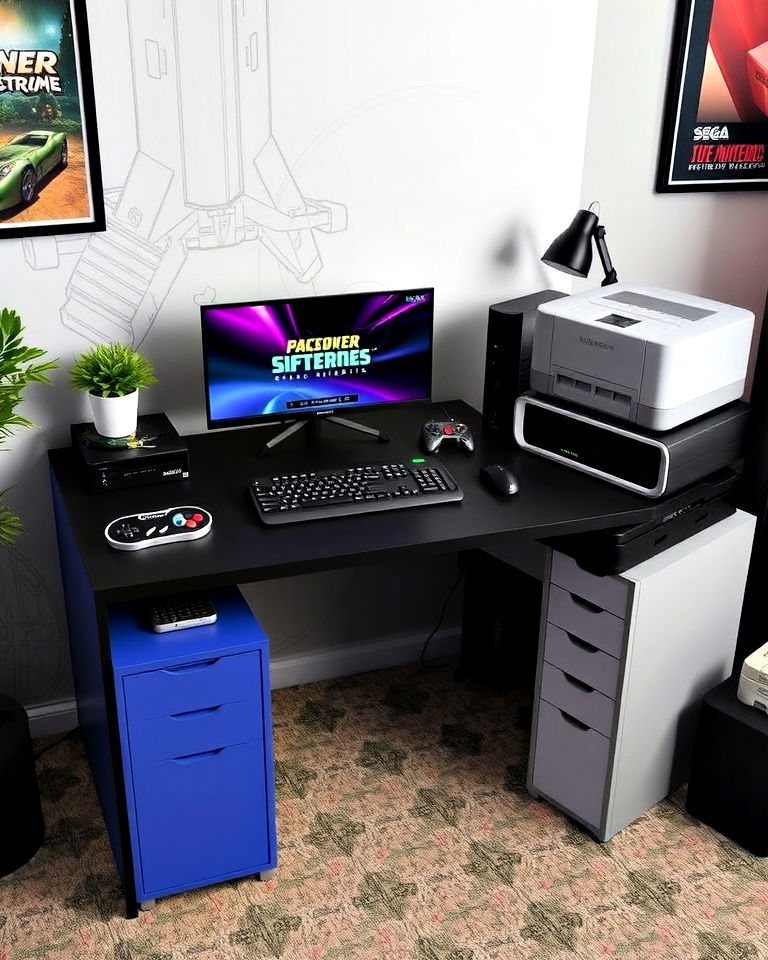 classic console inspired desk setup ideas - 30 Retro Game Room Ideas