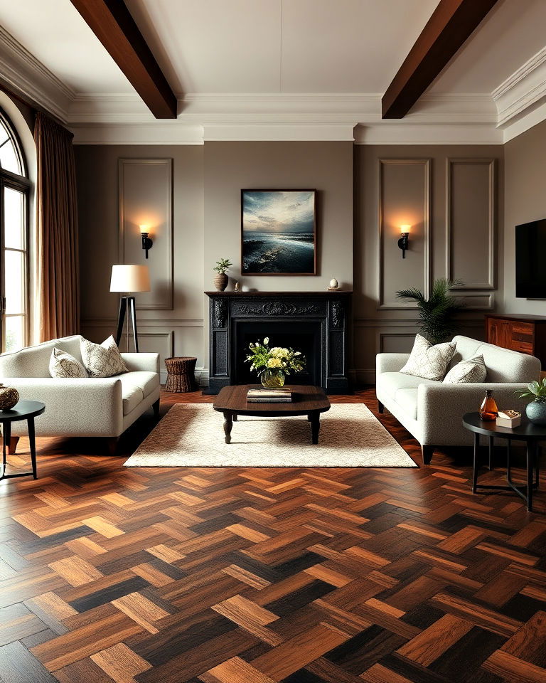classic dark brown parquet flooring - 30 Dark Brown Floor Living Room Ideas