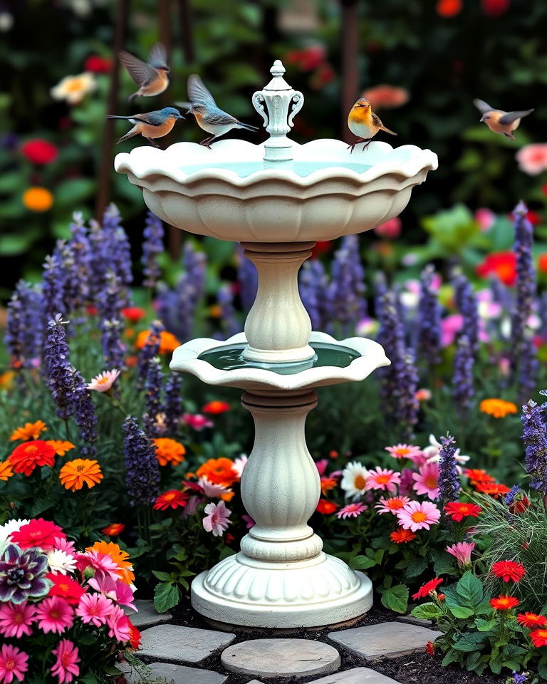 classic flower edged birdbath - 20 Fairytale Garden Ideas