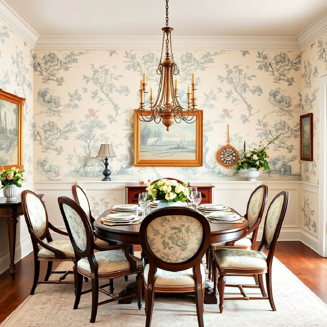 classic french country design with toile wallpaper - 40 French Country Dining Room Ideas