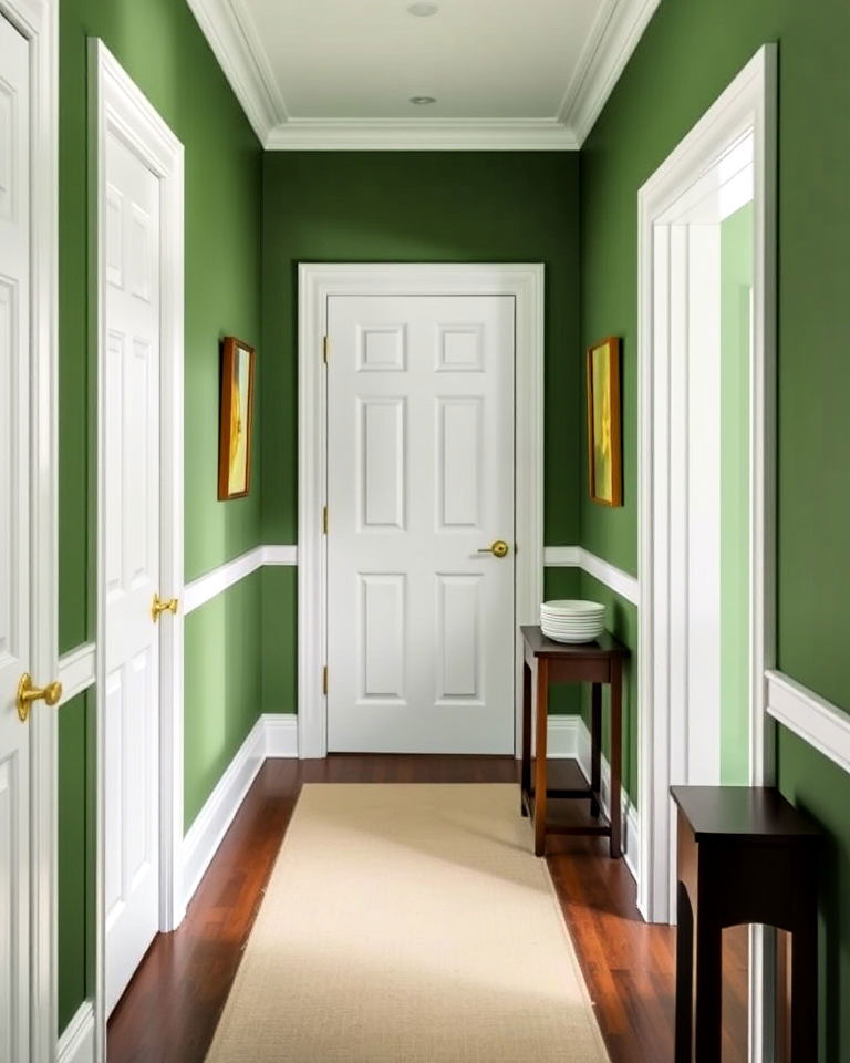 classic green hallway with white doors and frames - 20 Green Hallway Ideas