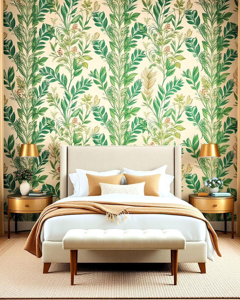 classic green wallpaper with beige accents - 30 Green and Beige Bedroom Ideas