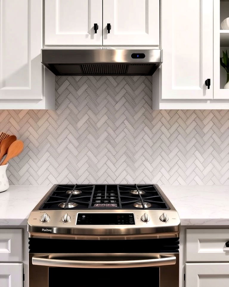 classic herringbone pattern backsplash - 40 Kitchen Backsplash Ideas for White Cabinets