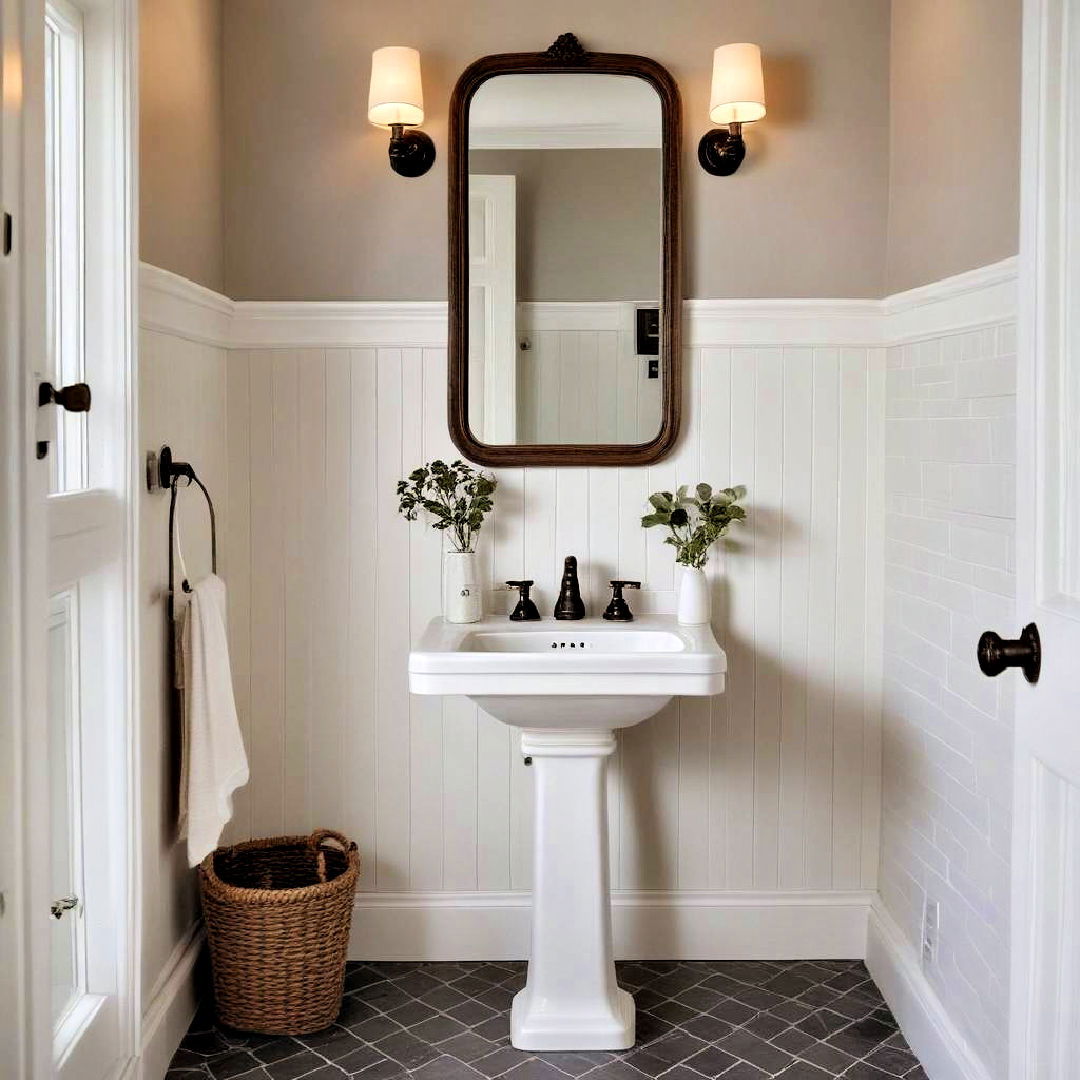 classic look pedestal sink - 40 Farmhouse Bathroom Ideas