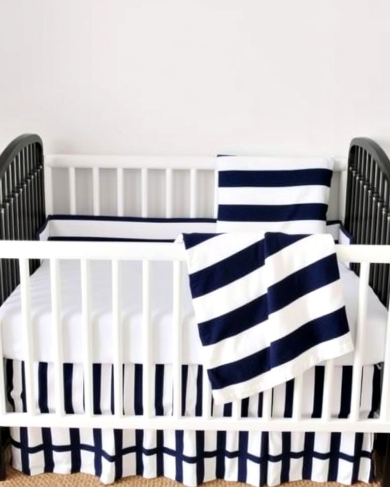 classic navy and white striped bedding - 25 Nautical Nursery Ideas