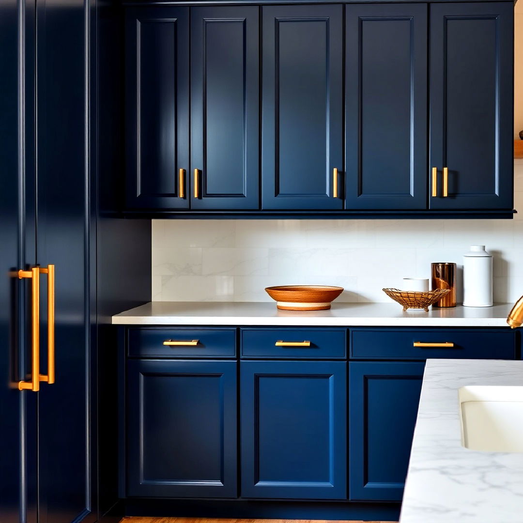 classic navy blue cabinets and brushed gold handles - 30 Blue Kitchen Cabinets With Gold Hardware