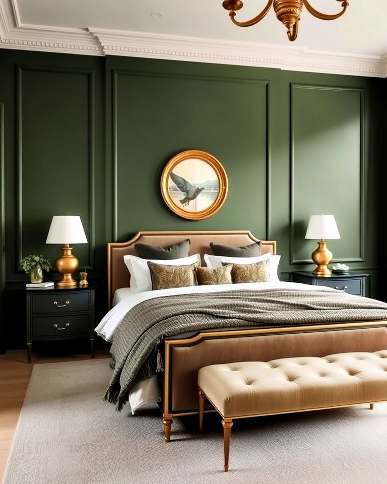 classic olive green and brass combo - 25 Olive Green Bedroom Ideas