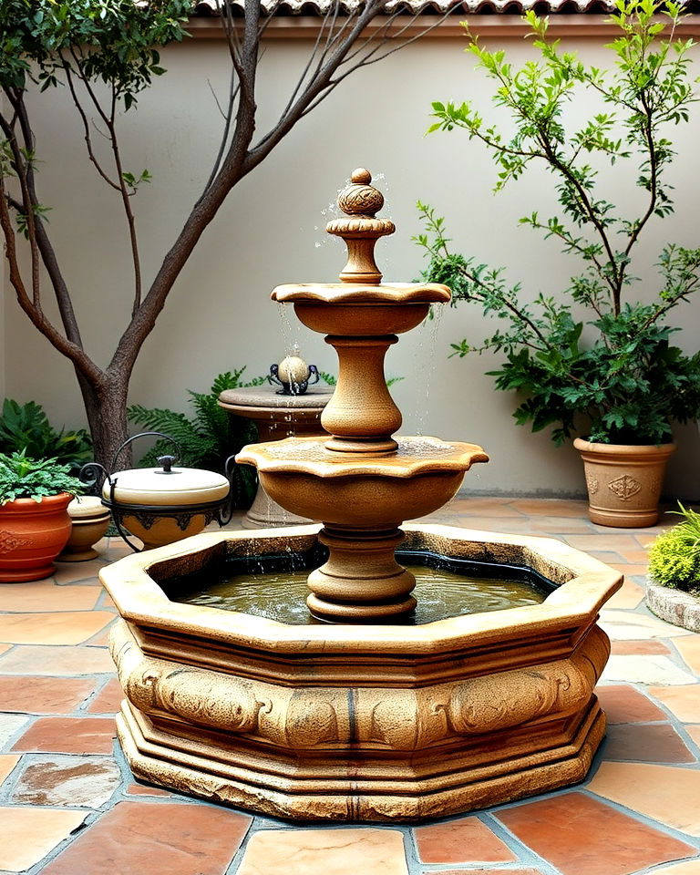 classic outdoor fountain centerpiece - 25 Mediterranean Patio Ideas